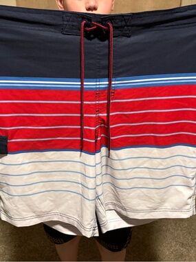 Faded Glory Navy, Red & White Striped Men's Swim Shorts